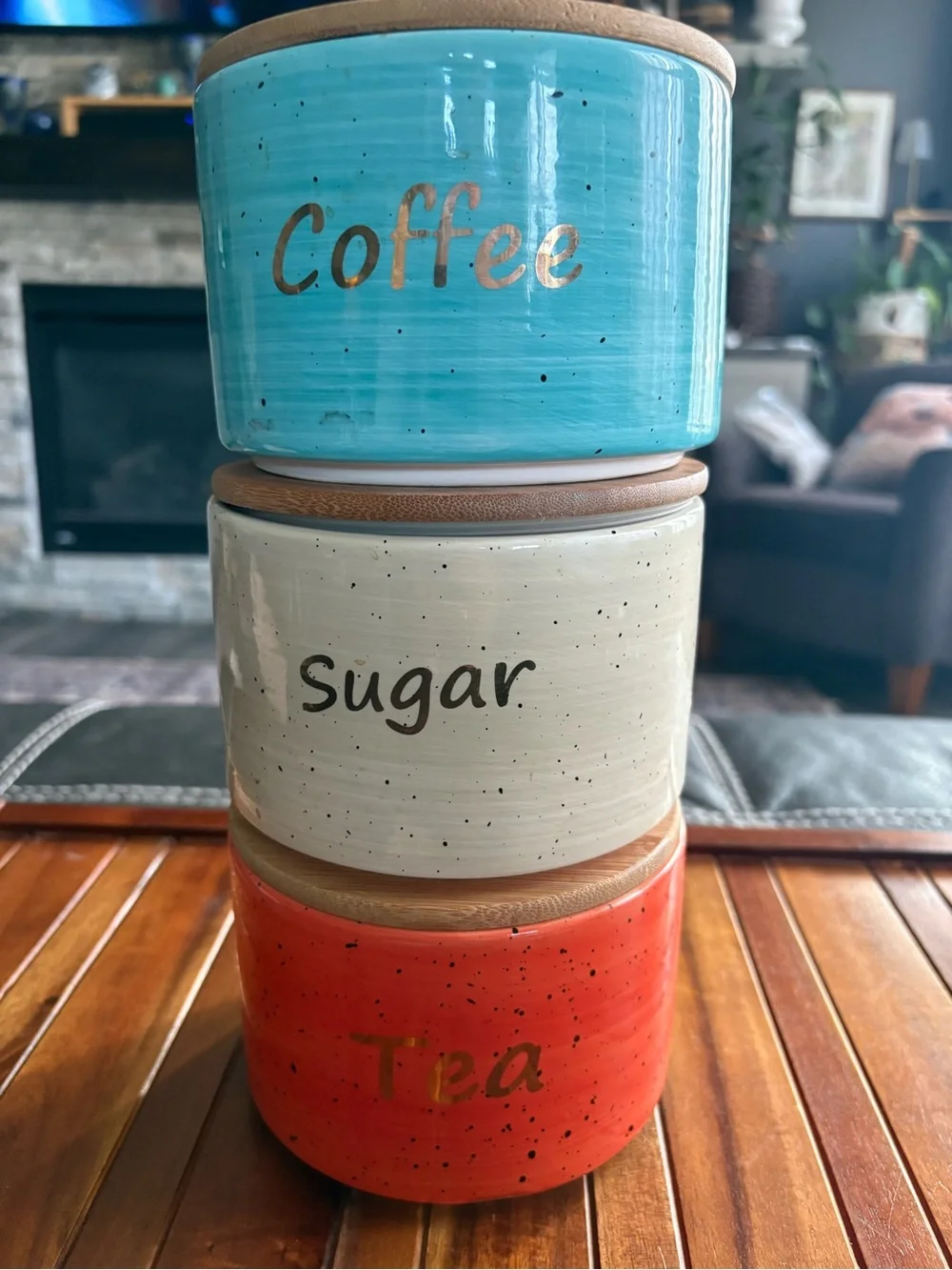 Uno Casa Stackable Ceramic Coffee Sugar Tea Canister Set Turquoise Cream Salmon